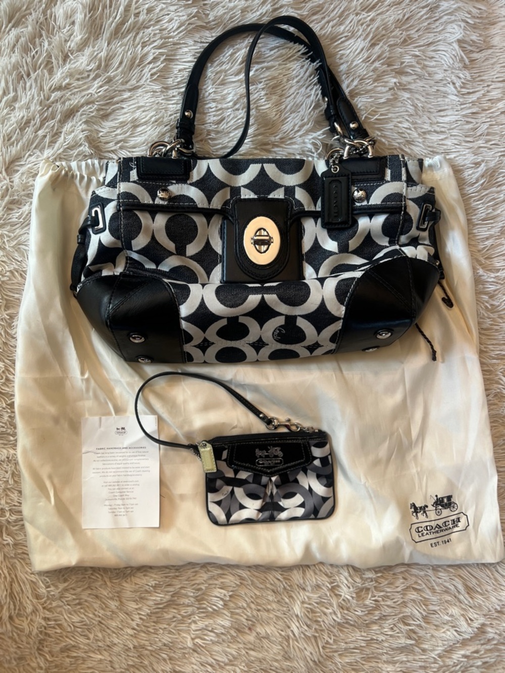 Coach Black and White Signature Canvas Shoulder Bag with Wristlet